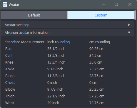 The Alvanon avatar’s measurement appears in the Alvanon avatar information group.